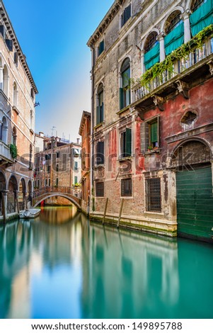 Venice Cityscape, Narrow Water Canal, Bridge And Traditional Buildings. Italy, Europe.