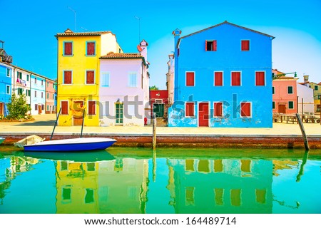 Venice Landmark, Burano Island Canal, Colorful Houses And Boats, Italy. Long Exposure Photography