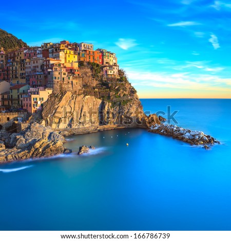 Manarola Village On Cliff Rocks And Sea At Sunset., Seascape In Five Lands, Cinque Terre National Park, Liguria Italy Europe. Square Format. Long Exposure