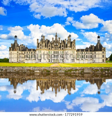 Chateau de Chambord, royal medieval french castle and reflection. Loire Valley, France, Europe. Unesco heritage site.