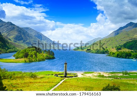 Glenfinnan Monument and Loch Shiel lake spring landscape. Lochaber, Highlands of Scotland, United Kingdom, Europe