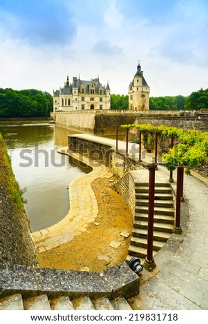 Chateau de Chenonceau royal medieval french castle, garden and river. Chenonceaux, Loire Valley, France, Europe. Unesco heritage site.
