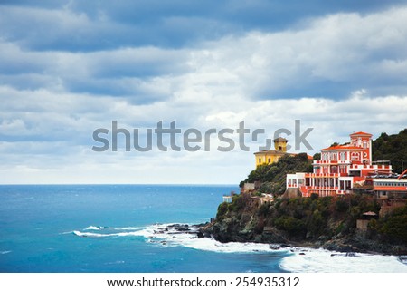 Castiglioncello landmark on cliff rock and sea in winter. Tuscany, Italy, Europe