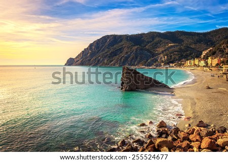 Monterosso beach, sea bay and rocks landscape. Five lands, 5 terre, Ligury Italy