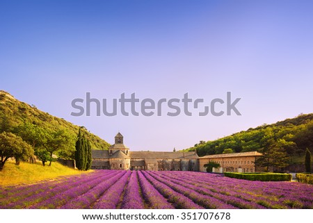 Abbey of Senanque and blooming rows lavender flowers on sunset. Gordes, Luberon, Vaucluse, Provence, France, Europe.