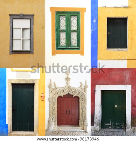 Six colorful windows and doors in  portugal. A collection of traditional and old portuguese urban walls