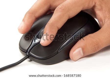 Close-up of computer mouse Scrolling on wheel by finger