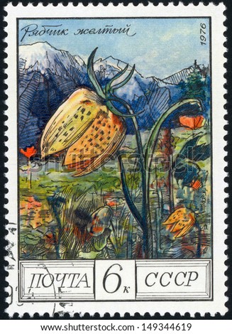 RUSSIA - CIRCA 1976: post stamp printed in USSR (CCCP, soviet union) shows image of checkered lily (fritillaria meleagris) from flowers of Caucasus series, Scott 4509 A2135 6k multicolor, circa 1976