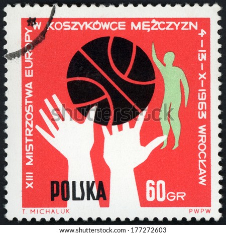 POLAND - CIRCA 1963: post stamp printed in Poland shows various positions of ball, hands and players, 13th European menÃ¢Â?Â?s basketball championship Wroclaw, Scott 1161 A404 60g red black, circa 1963