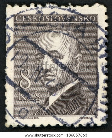 CESKOSLOVENSKO - CIRCA 1946: post stamp printed in Czech shows portrait of second Czechoslovakia president Edvard Benes (leader, minister, diplomat), Scott 321 A116 8k sepia gray brown, circa 1946