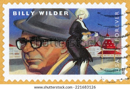 UNITED STATES OF AMERICA - CIRCA 2012: forever stamp printed in USA shows film director, producer, screenwriter Billy Wilder (1906-2002); movie scene some like it hot; Scott 4670; circa 2012