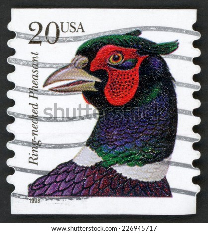 UNITED STATES OF AMERICA - CIRCA 1998: post stamp printed in USA (US) shows head of ring necked pheasant, Scott 3050 A2350 20c white red blue green , circa 1998