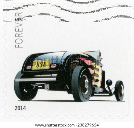 UNITED STATES OF AMERICA - CIRCA 2014: forever stamp printed in USA (US) shows rear of black Deuce roadster with orange flames; Mark Graham\'s 1932 Ford roadster; Hot rods, Scott 4908 black, circa 2014