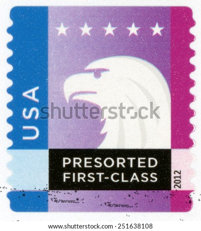 UNITED STATES OF AMERICA - CIRCA 2012: presorted first class mail post stamp printed in USA shows profile head of spectrum bald eagle and five stars, 25c blue white purple, Scott 4587; circa 2012