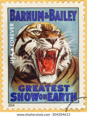 UNITED STATES - CIRCA 2014: forever stamp printed in USA (US) shows head of growling tiger; greatest show on earth; Barnum & Bailey; circus vintage posters; circa 2014