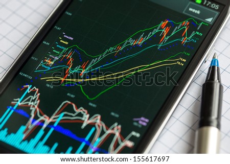 Data analyzing in stock exchange market: the charts and quotes on smartphone display.