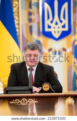KYIV, UKRAINE - 28 AUG 2014: President of Ukraine Poroshenko during meeting of the National Security and Defense Council of Ukraine. August 28, 2014 in Kyiv, Ukraine