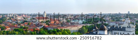 Panorama old town of Vilnius. Vilnius university, St. John\'s church, belfry, Palace of the Grand Dukes of Lithuania, Cathedral. Aerial view - the capital of Lithuania.