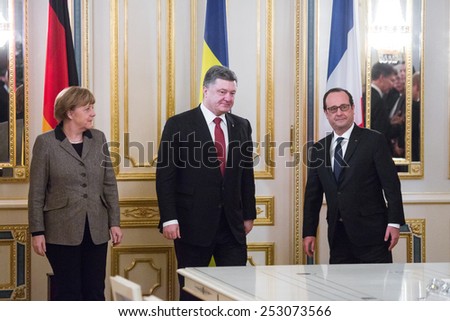 KYIV, UKRAINE - Feb 5, 2015: French President Francois Hollande and Chancellor of the Federal Republic of Germany Angela Merkel during an official meeting with President of Ukraine Petro Poroshenko