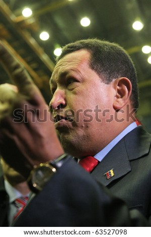 Kyiv - OCT 18, 2010: President of Venezuela Hugo Chavez during a state visit to Ukraine, on Aircraft Plant 