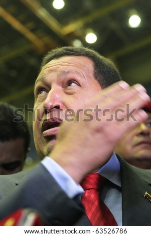 Kyiv - OCT 18, 2010: President of Venezuela Hugo Chavez during a state visit to Ukraine, on Aircraft Plant \
