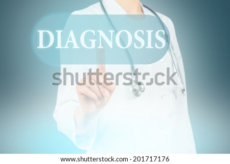 Unrecognizable female doctor presses on button with word diagnosis, futuristic device