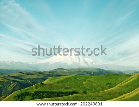 Mountain landscape in summer season. Mount Elbrus, Caucasus mountain range, Russia