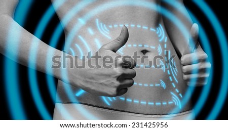 Woman with gesture sign thumb up in front of her abdomen, monochrome image. Arrows on belly, fat loss and liposuction concept