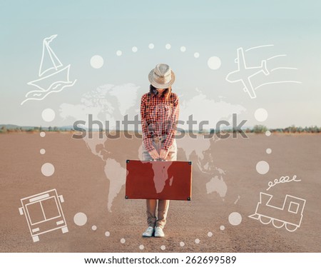 Traveler young woman standing with a suitcase on road. Map of the world and types of transport on image. Concept of travel