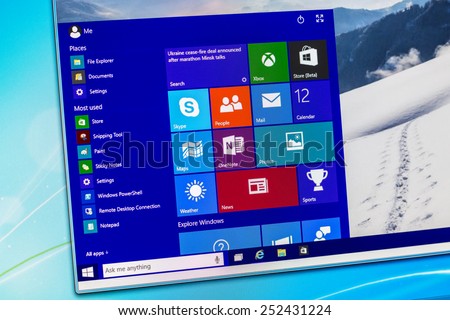Bucharest, Romania - February 13,2015: Photo of Windows 10 technical preview running in a virtual machine on a pc screen. Win10 is the new version of Windows OS; it is set for release in 2015.