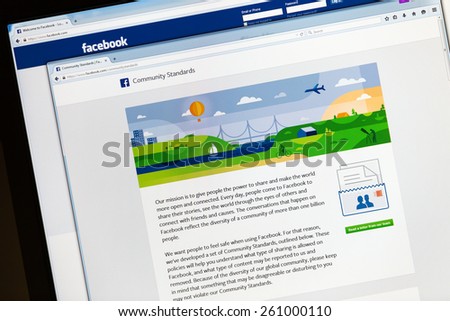 Bucharest, Romania - March 16,2015: Photo of Facebook\'s new updated Community Standards page on a monitor screen - it presents, explains and clarifies guides,policies and rules.