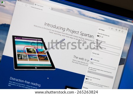 Bucharest, Romania - March 31, 2015: New Microsoft Project Spartan Internet Browser in Windows 10 technical preview running in a virtual machine on a pc screen. it is set for release in 2015