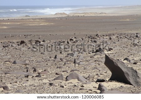 Rock and beach in Skeleton Coast Park near Toscanini. Namibia