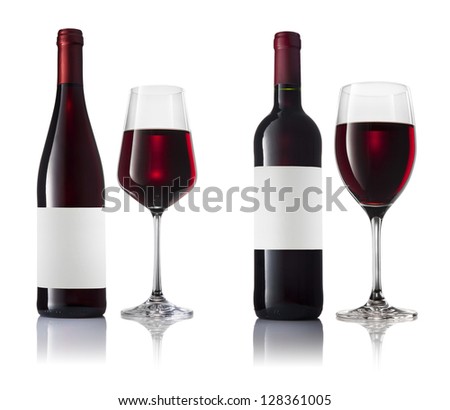 Set of two bottles of wine with labels and two wine glasses on a white background with reflection isolated.