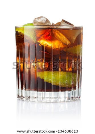 Cocktail with cola and limes slices isolated on white background