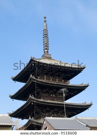 Yasaka pagoda tower, Hokanji Temple over the rooftops of houses near Kiyomizu Temple in Kyoto Japan.