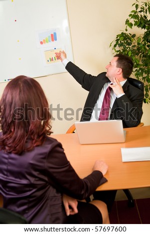 Business man pointing at whiteboard in office