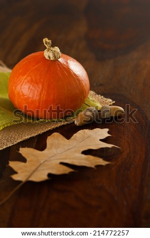 oak nuts and oak leaf on green and beige jutes with hokkaido pumpkin in background