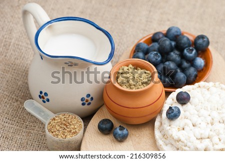 blueberries, rice milk, hemp protein powder, ground flax seeds