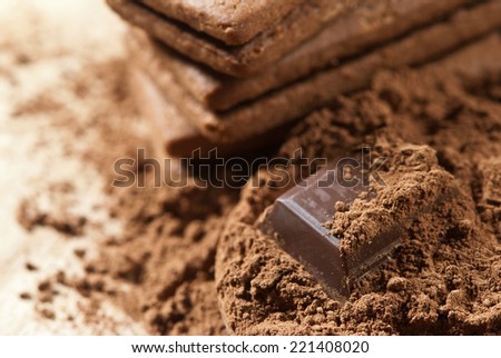 chocolate biscuits with cocoa powder and a cube of dark chocolate