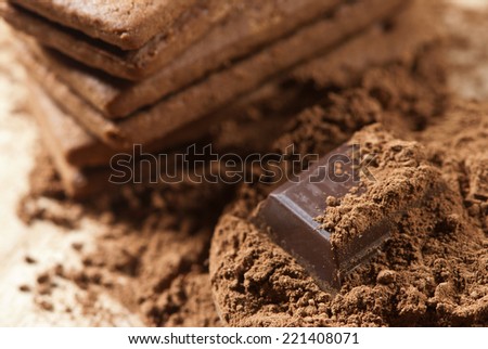 chocolate biscuits with cocoa powder and a cube of dark chocolate