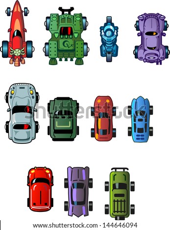 Assorted Cool Small Cartoon Cars and Vehicles for use as Assets in Computer Video Games Top View Assorted Cool Small Cartoon Cars and Vehicles for use as Assets in Computer Video Games Top View