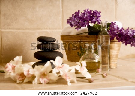 day spa products like lastone stones, flowers and oil