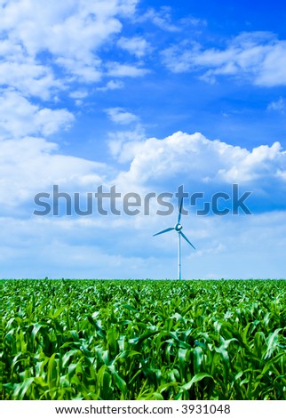 clean energy white wind turbine in corn field