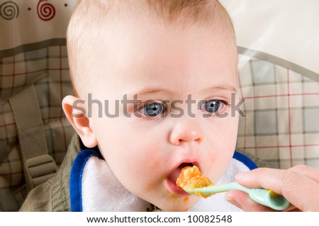 parent feeding a cute baby healthy food