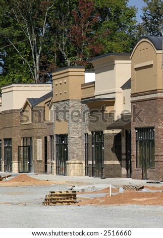 A suburban shopping center in Atlanta under construction, designed to look like a small town main street.