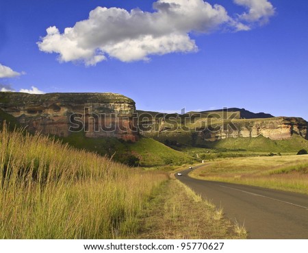 Distant view of Golden Gate sandstone cliffs and road, Free State Province, South Africa, Africa