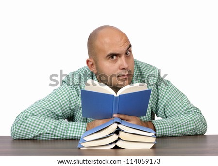 Bald guy reading the boos isolated