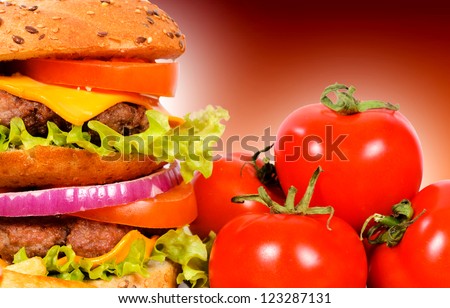Double hamburger with raw tomato