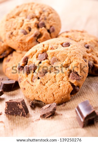 Sweet cookies with chocolate crumbs. Selective focus on the front cookie
